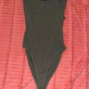 Boohoo Green Ribbed Asymmetrical Bodysuit